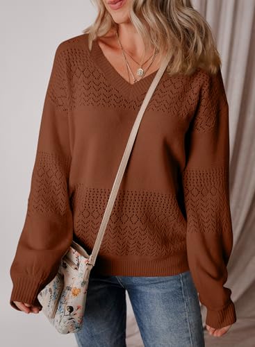 Image of SHEWIN Women's Sweaters Casual Long Sleeve V Neck Crewneck Lightweight Crochet Pullover Sweater Tops