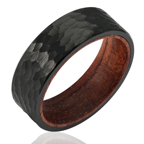 100S JEWELRY Black Hammered Finish Tungsten Rings For Men With Inner Rosewood Wedding Promise Band Size 6-16