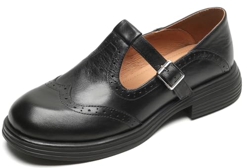 U-lite Mary Jane Oxfords for Women,Wingtip Brogue,T-Strap Soft Leather Retro Loafer Shoes, Low Heels Round Toe Dressy Business Office Shoes with Buckle Black 8 by U-lite - Used condition - US$60.97