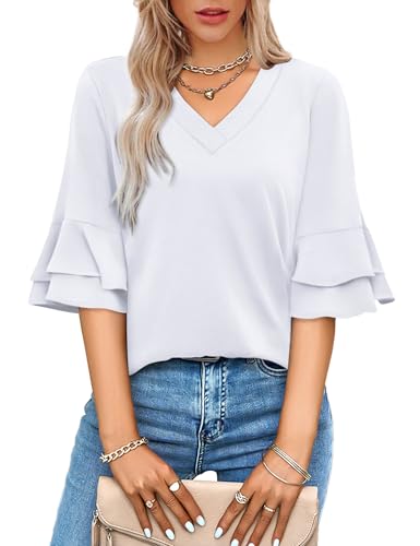 Image of OFEEFAN Spring Tops for Women Boho Shirts Fashion Clothing Cute 3 /4 Length Sleeve Blouses Dressy Casual Summer Outfits