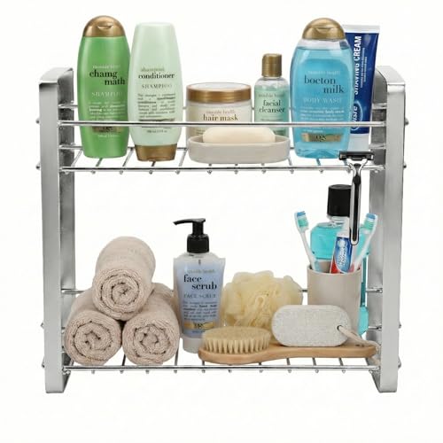 Image of TechSrmaji 2 Tier Stainless Steel Kitchen Rack | Multipurpose Storage Shelf for Kitchen & Bathroom | Rust Proof Dish Rack, Spice Organizer, Bathroom Shelf (Silver)
