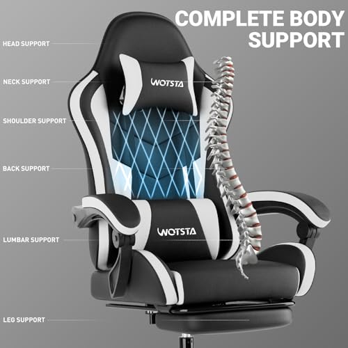 Image of Ergonomic Gaming & Office Chair, Footrest, Racing Design Black /White | PVC with headrest,lumbar, Adjustable Height recliner for adults 2D-Linkage Armrests for 300LBS