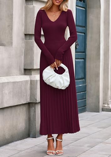 PRETTYGARDEN Women Sweater Dress Fall Fashion 2025 Long Sleeve V Neck Ribbed Knit Pleated A Line Elegant Maxi Winter Dresses4