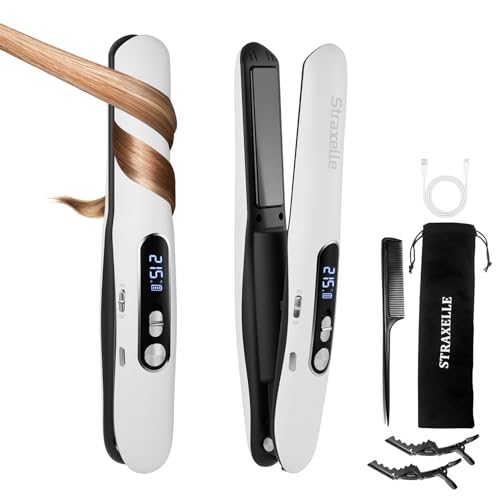 Straxelle Mini Piastra per Capelli Senza Fili 2 in 1 Piastra da Viaggio per Capelli e Arricciacapelli, Piastra Senza Fili 5000mAh,175℃-215℃ con LED Display Piastra Capelli Senza Fili per Donne/Uomini