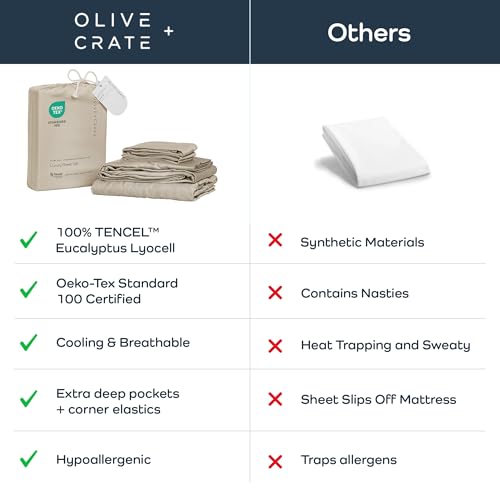 Image of Olive + Crate Tencel Lyocell Eucalyptus Queen Size Sheet Set - Cooling Tencel Sheets for Hot Sleepers with 18 Inch Deep Pocket Fit - Beige 4-Piece Set