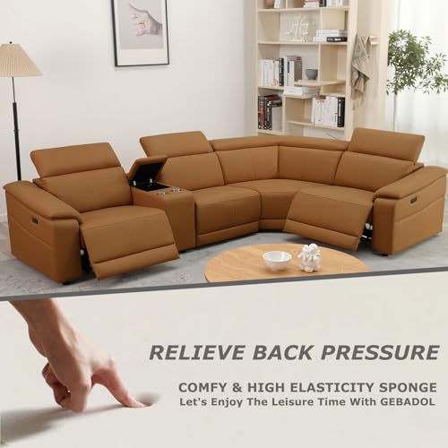 Image of Caramel Power Reclining Sectional Sofa with Cup Holders /Storage, 4 Seater | L-Shaped Recliner Couch with USB Charging /Storage, Home Theater Seating, Leather Furniture for Living Room, House, Apartment