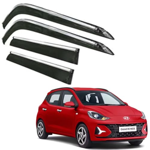 Image of CAR SAAZ Side Door Visors for Grand I10 NIOS (2023-Present)(Set of 4Pcs)|Chrome Lined Rain Guards, Polycarbonate, Smoke Finish