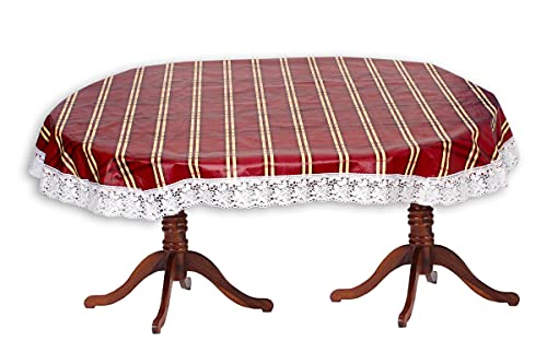Image of The Furnishing Tree Waterproof PVC Oval Shaped 8 to 10 Seater Table Cover WxL 60x108 inches Plaid Pattern Red with White Border lace