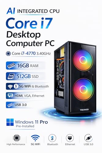 Image of TECNICO AI INCUDED Desktop PC | Core i7-4770 3.4GHz | 16GB RAM | 512GB SSD | 5G WiFi + Bluetooth | Windows 11 Pro | High Cooling Dual RGB Fan Cabinet (No Monitor, Keyboard, Mouse & Speaker)