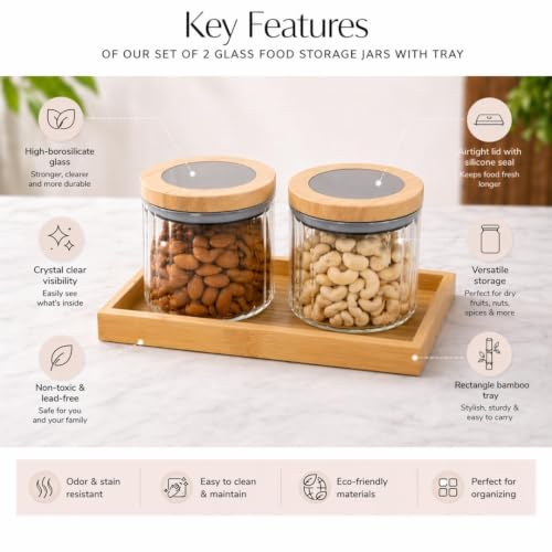 Image of Borosilicate Transparent Striped Glass Storage Jar Set with Bamboo Tray, Set of 2 (500ml) Airtight Round Glass Containers with Bamboo Lids & Silicone Seal, Dry Fruit Storage Jars for Spice