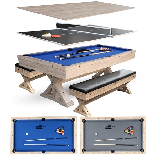 7' 3 in 1 Multi Game Pool Table with Dining Top Pool Ping Pong Table Combo with Dual Storage Bench Seating. Includes Billiards, Ping Pong Accessories. Dust Cover Included. (Rustic Oak with Blue Felt)