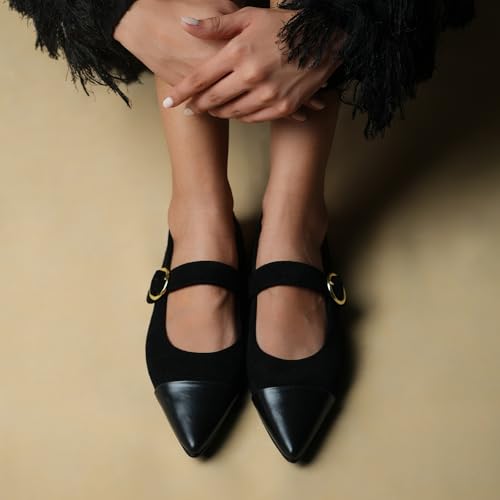 Image of Theater Hepburn Casual Ballet Flats for Women in Suede | Stylish Mary Jane Ballerina with Bow Detail | Lightweight Comfortable Footwear with Cushioned Insole