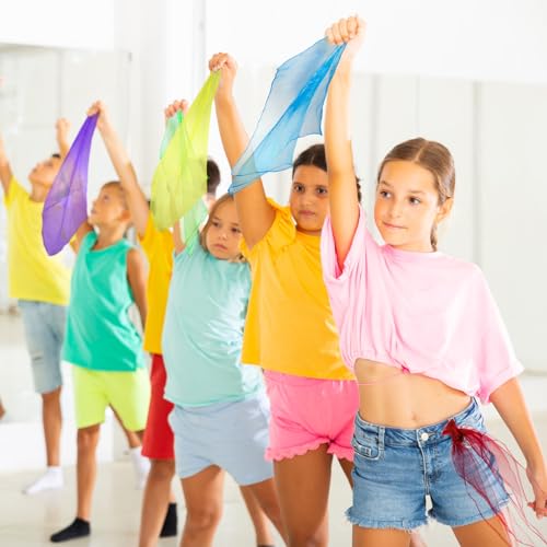 Jucoan 40 Pack Colorful Dance Scarves for Kids, 20 Colors Square Juggling Scarf Actives Scarves, 24 x 24 Inch Soft Ribbon Music Scarves Rhythm Scarves for Children Movement Play3