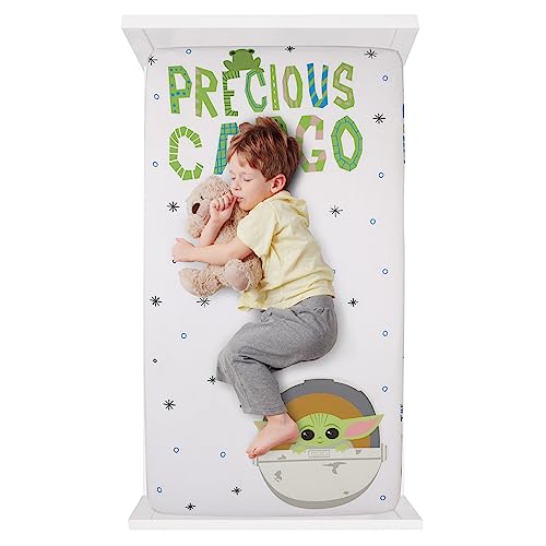 Image of NoJo Star Wars The Mandalorian Grogu, White, Green, and Blue Precious Cargo Photo Op Nursery Fitted Crib Sheet