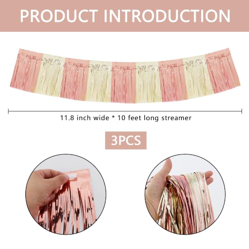Image of BEISHIDA 3 Packs Metallic Foil Fringe Garland Champagne Rose Gold Wall Hanging Tinsel Fringe Banners for Car Floats Bridal Shower Wedding Birthday Easter Graduation Holiday Party Decoration(30 Feet)