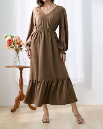 Women's Brown Puff Long Sleeve Empire Waist Flowy Maxi Dress with Pockets — view 4