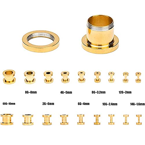 Cabbe Kallo 14G-00G 36 Pcs Ear Stretching Kit Stainless Steel Tapers Screw Fit Spiral Tunnels Plugs Set Piercing Body Jewelry, Gold Tone #TOP5
