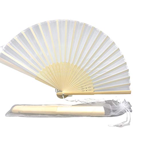 Image of Fabric Handheld Folding Hand Fan With a Tassel Grade A Bamboo Ribs for Women Girls Summer Party Event Favor Birthday Wedding Souvenir Gift (White)