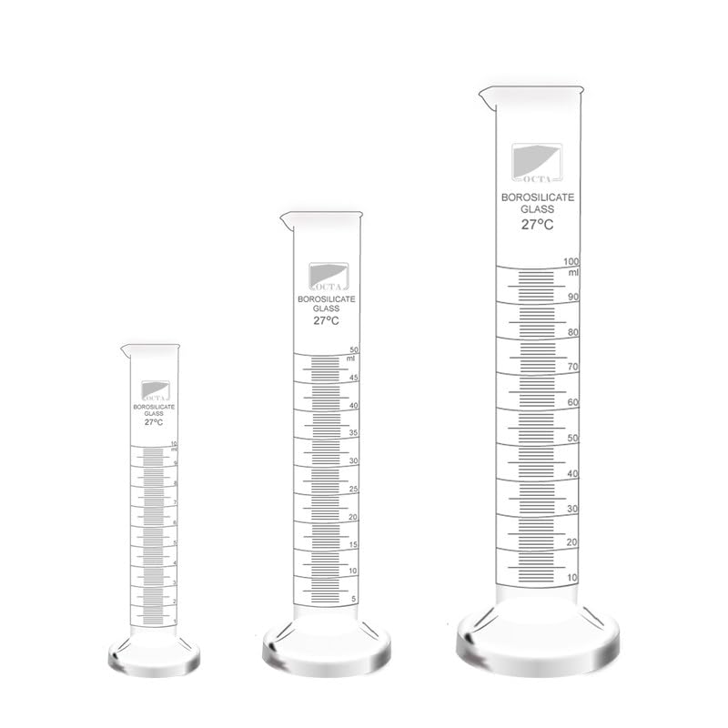 OCTA Borosilicate Glass Measuring Cylinders 10ml,50ml and 100ml (pack of 3) with Graduation Marks for Precise Liquid Measurement, Solution Mixing, Density Determination, Chemical Reactions-image-4