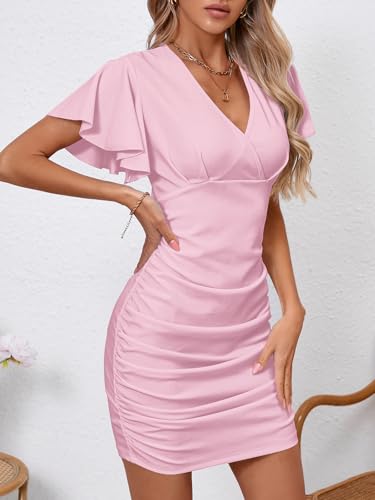 Image of Women's Sexy V Neck Ruffle Sleeve Bodycon Mini Cocktail Party Dress Casual Short Sleeve Work Dress