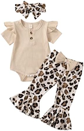 Bekarsy 3-6 Months Girl Clothes Infant Summer Outifts Rib Frill Short Sleeve Romper Leopard Flared Pant Set 3PCS, Apricot Leopard Girl Clothes 3-6M/80cm