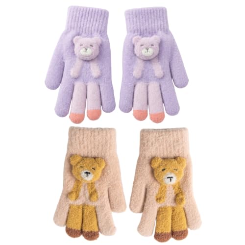 Image of Kids Winter Woolen Hand Gloves for Girls (Age 8-12 Years) | Soft Warm Knitted Gloves | Cute Teddy Bear Design | Cold Weather Gloves | Pack of 2 Pairs