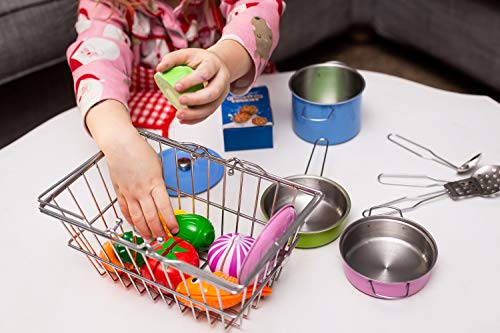 Stainless-steel Shopping Basket and Stainless Toy Kitchen Pots and Pans with Utensils - Beautiful Fish and Play Vegetables Toys - Apron - Pretend Play Grocery & Cooking For Toddlers Boys and Girls - Thumbnail 4