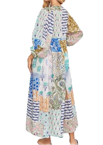 Image of CHARTOU Women Boho Floral Printed Long Dress Summer Lantern Half Sleeve Beach Flowy Loose Swing Chiffon Sundress