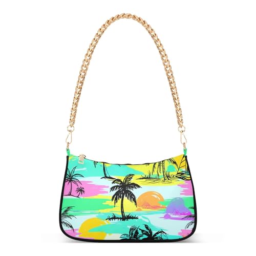 Tropical Palm Trees Rainbow Medium Handbag Tote Womens One Shoulder Purses Zipper Hobo Purse Clutch with Chain Strap
