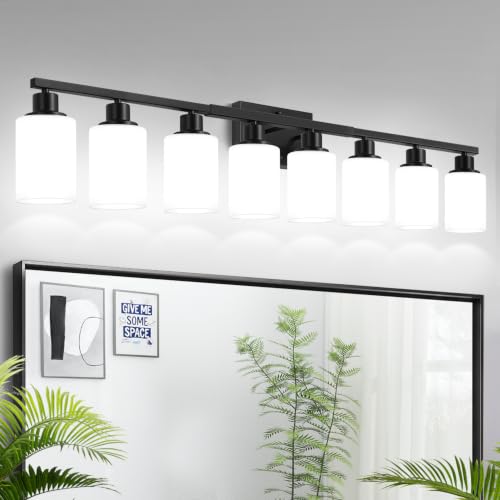 Image of MOKATNG 8-Light Bathroom Light Fixtures, Vanity Light with Milky White Shades, Matte Black Bathroom Light Fixtures Over Mirror, Modern Bathroom Wall Lamp for Mirror Living Room Cabinet Bedroom