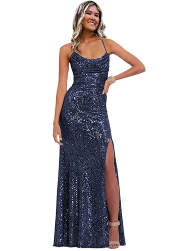 Image of Stylefun Women's Halter Mermaid Prom Dresses with Slit Long Sequin Formal Cocktail Party Dress STN027