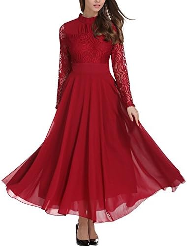 Women's Long Sleeve Chiffon Maxi Dresses Casual Floral Lace Evening Cocktail Party Long Dress