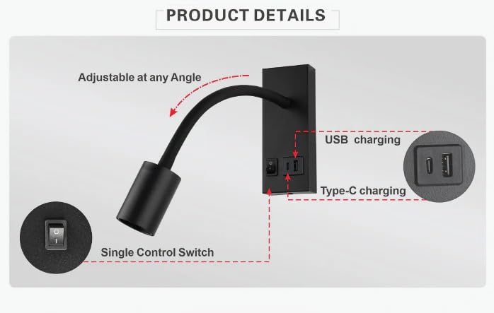 Image of LED Wall Mounted Gooseneck Reading Light with USB Port Adjustable Lamp with 3-Lighting Options for Bedroom & Study|Black
