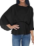Sofia's Choice Damen 3/4 Ärmel Tunika Bluse Lockere Fledermausärmel Blusen Elegant Shirt Schwarz S