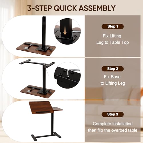 Adjustable Overbed Table with Tilt Board & Wheels, Rolling Bedside Laptop Desk for Hospital Bed Home Office, Height Adjustable Bed Table Tray for Eating Working Reading, 26.18”-42.12”（Brown） — view 6