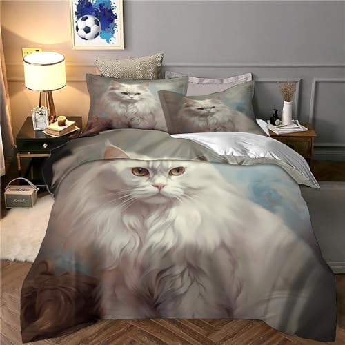 Housse de couette chat blanc 3D 140x200 microfibre avec 2 taies