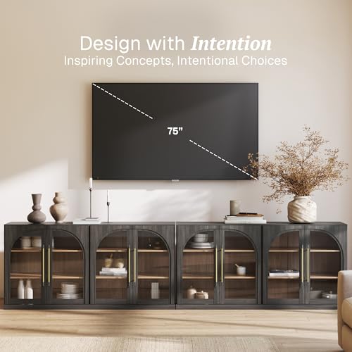Image of BELLEZE 2-Piece 65 inch Arched Sideboard with Glass Door, Accent Buffet Cabinet with Storage and Adjustable Shelves, Classic Modern Large Console for Living Room Kitchen Entryway (Ebony)