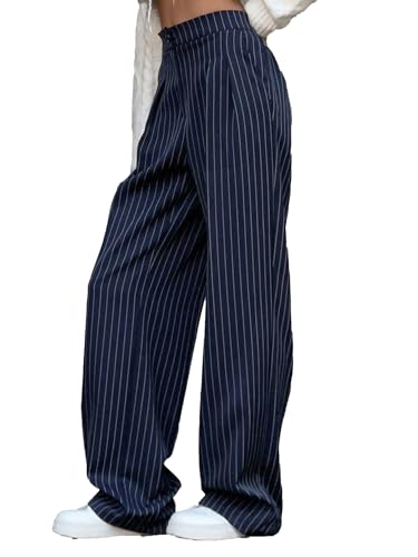 Conshvi Elastic High Waisted Palazzo Pants for Women Casual Striped Plus Size Wide Leg Long Lounge Pant Trousers with Pocket