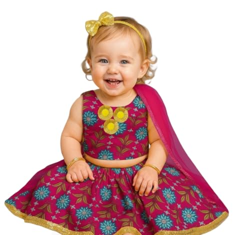 Image of A.T.U.N. (ALL THINGS UBER NICE) Baby Girls Cotton Ethnic Floral Lehenga Choli Set with Lace & Dupatta | Traditional 3-Piece Festive Outfit for Kids