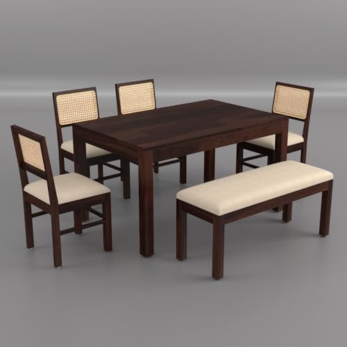 Image of 55 Inch Length Solid Wood Cane 6 Seater Dining Table Set | Six Seater Dining Table With 4 Cushions Chairs & 1 Bench For Dining Room | 6 Seater Dining Set for Hotel Restaurant | Sheesham, G-Walnut