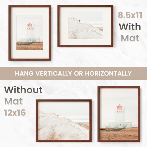 Image of 12x16 Picture Frame, USA-Sourced Natural Mahogany Wood Photo Collage Frame with HD Tempered Glass, Modern Simple 12 x 16 Wooden Frame Matted to 8.5x11, Vertical & Horizontal Wall Hanging Display