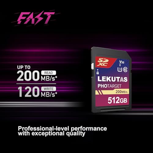 LEKUTAS 512GB SDXC UHS-I メモリーカード - 最大200MB/秒の読み取り速度 C10 U3 V30 4K UHD フルHD 4K ビデオ SDカード Canon Nikon Sony Panasonic DSLR ミラーレスカメラ用