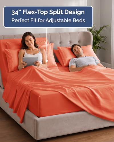 Image of CGK Unlimited Extra Deep Flex Top Split Head King Sheet Set - 6 Piece Breathable and Cooling Sheets - Hotel Luxury Bedding for Women, Men, Kids & Teens - Easy Secure Fit - Extra Deep Pockets - Coral