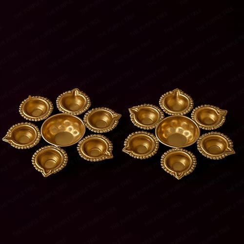 Image of The Purple Tree Mini Diya Urli Bowls with 5 diyas (Pack of 2) Diyas for Home Decor, Diwali Decorative Candle Holder, Candle Holder, Gifts for Housewarming, Candle Diya Holder