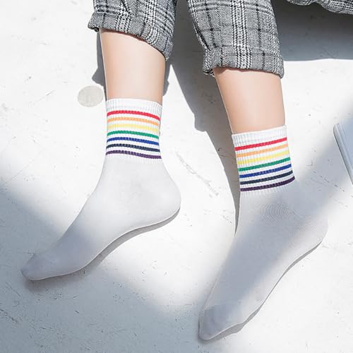 GSHLLO 8 Pairs Rainbow Striped Athletic Socks Soft Pride Sport Socks Classic Over Ankle Socks Colorful Breathable Cotton Socks4