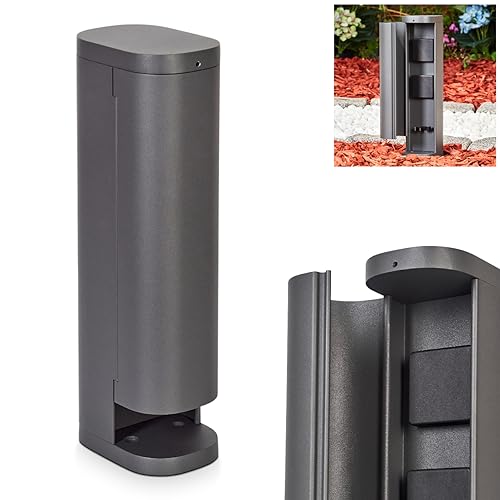 Columna de enchufe Reigolil, columna cilíndrica de metal/plástico en antracita/negro, enchufe de 2 vías, altura 37 cm, cubierta abatible, IP44, conexión 16A/250V, máx. 3680 vatios