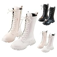 Girls Lace Up Riding Boots Mid Calf Combat Boots PU Leather Waterproof Fall Winter Side Zipper Punk Goth Boot Fashion Punk Non Slip Cowgirl Fleece Lined Solid Color 4-11 Years
