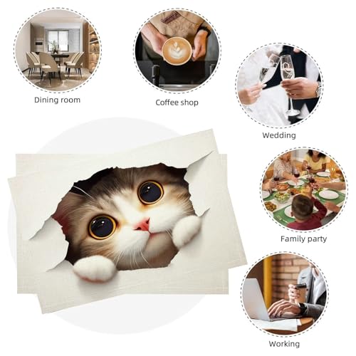 Set de table de dessin animé en coton et lin, linge de table lavable lot de 6 chat