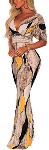 sexycherry Women Deep V-Neck Elegant Short Ruffles Sleeves Sexy Flower Floral Cocktail Maxi Party Dress Beige