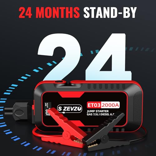 S ZEVZO ET03 Car Jump Starter 2000A Jump Starter Battery Pack for Up to 7.5L Gas and 6.5L Diesel Engines, 59.2Wh Portable 12V Jump Box with USB Ports, LCD Display, Storage Case, and LED Light - Thumbnail 7